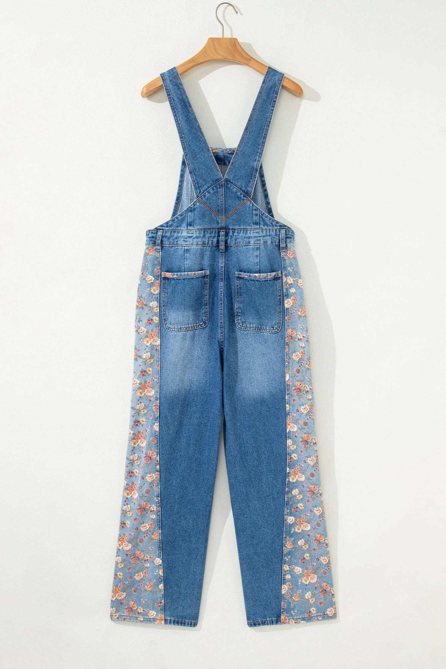 Floral Patchwork Wide Leg Denim Overalls | Square Neckline
