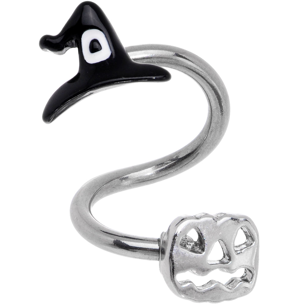 Witch Pumpkin Halloween themed spiral twister 14G belly ring on a neutral background