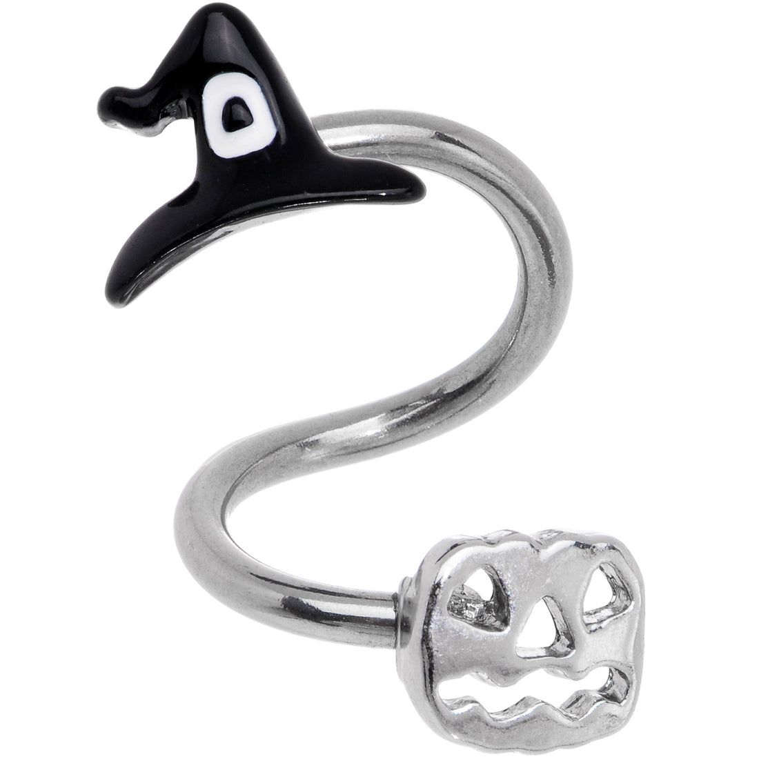 Witch Pumpkin Halloween themed spiral twister 14G belly ring on a neutral background