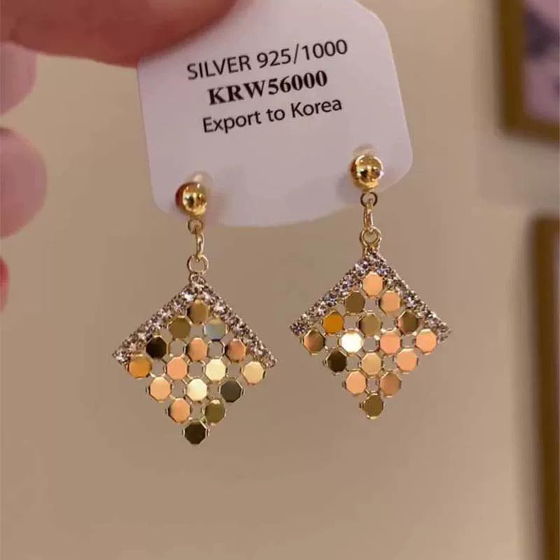 Womens Retro Geometric Rhombus Shiny Sheet Tassel Stud Earrings,Costume Earrings For Daily Party Wear