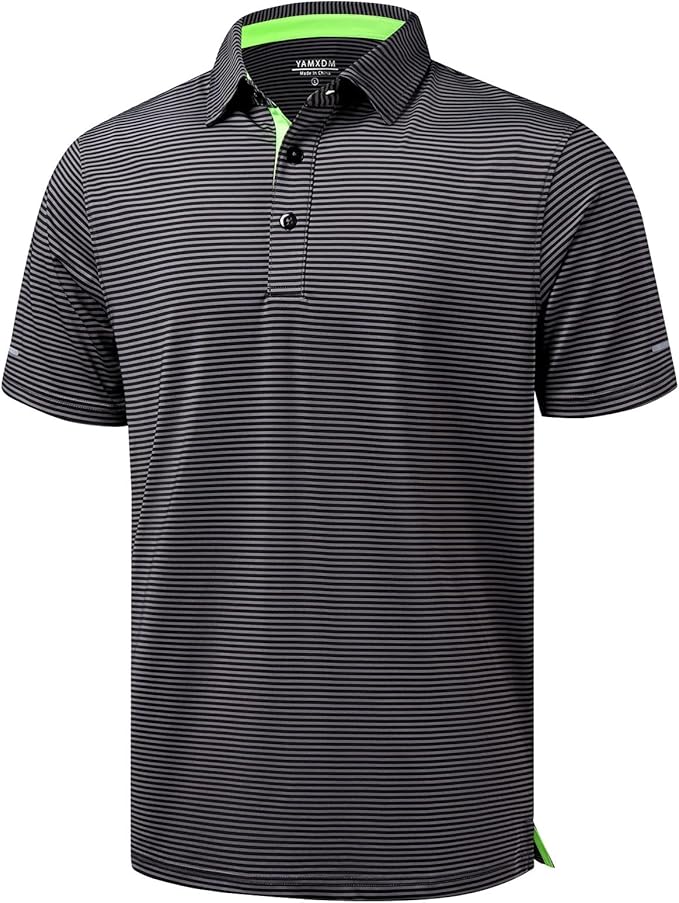 Men wearing a performance golf polo with striped pattern and reflective sleeve details in grey and black.