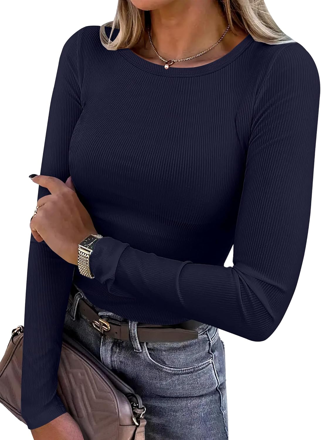 Women's Long Sleeve Rib Knit Shirt Slim Fit Crew Neck Basic Tee