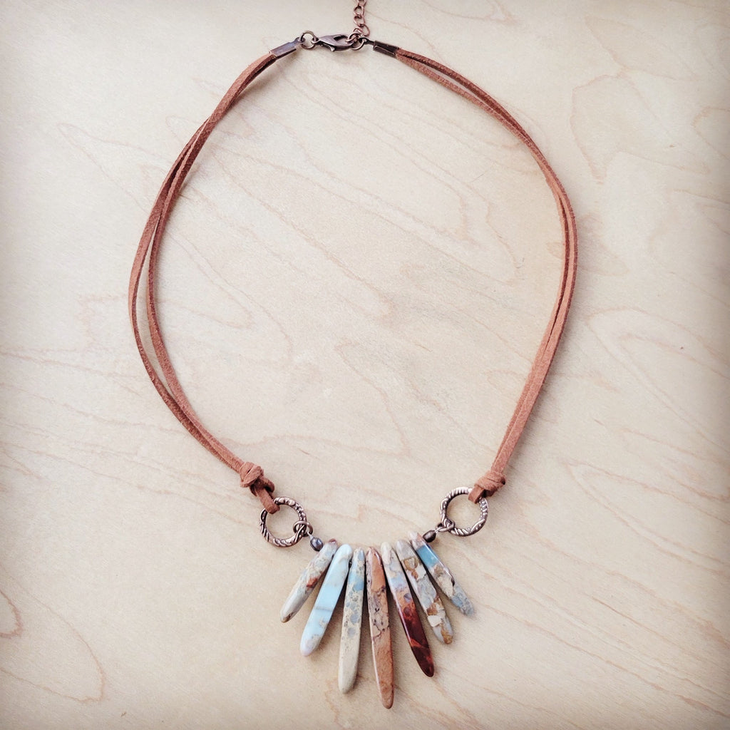 Aqua Terra Jasper Stone Slab Necklace on Brown Vegan Leather Cord - Image 4