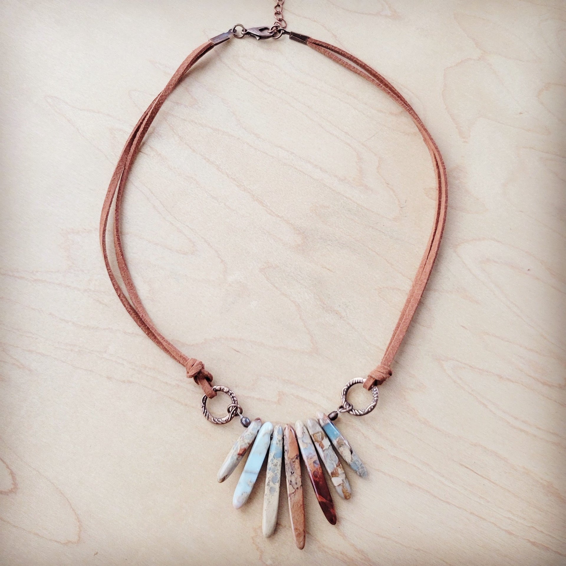 Aqua Terra Jasper Stone Slab Necklace on Brown Vegan Leather Cord - Image 4