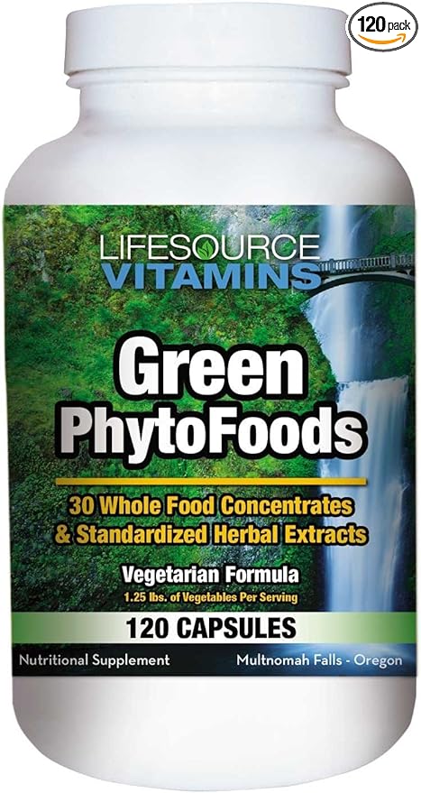 Lifesource Vitamins Phyto Green Mega-Food Caps - 31 Whole Foods / 38 Synergistic Nutrients - a Uniquely Powerful Formulation of Grasses, Sprouted Grains, Vegetables, Immune Enhancing Herbs w/ Antioxidants – Immune Support*