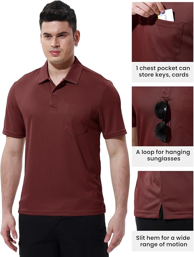 Men's Short Sleeve Quick Dry Polo Shirt with Chest Pocket for Golf