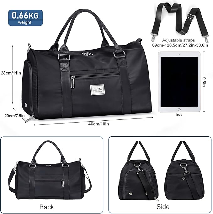 FIORETTO Womens Gym Tote Duffle Bag with Wet Pocket & Shoe Compartment, Sports Duffel Overnight Weekender Hospital Workout Carry on Bag for Girls, Ideal for Travel, Swimming, Dance, Ballet Black