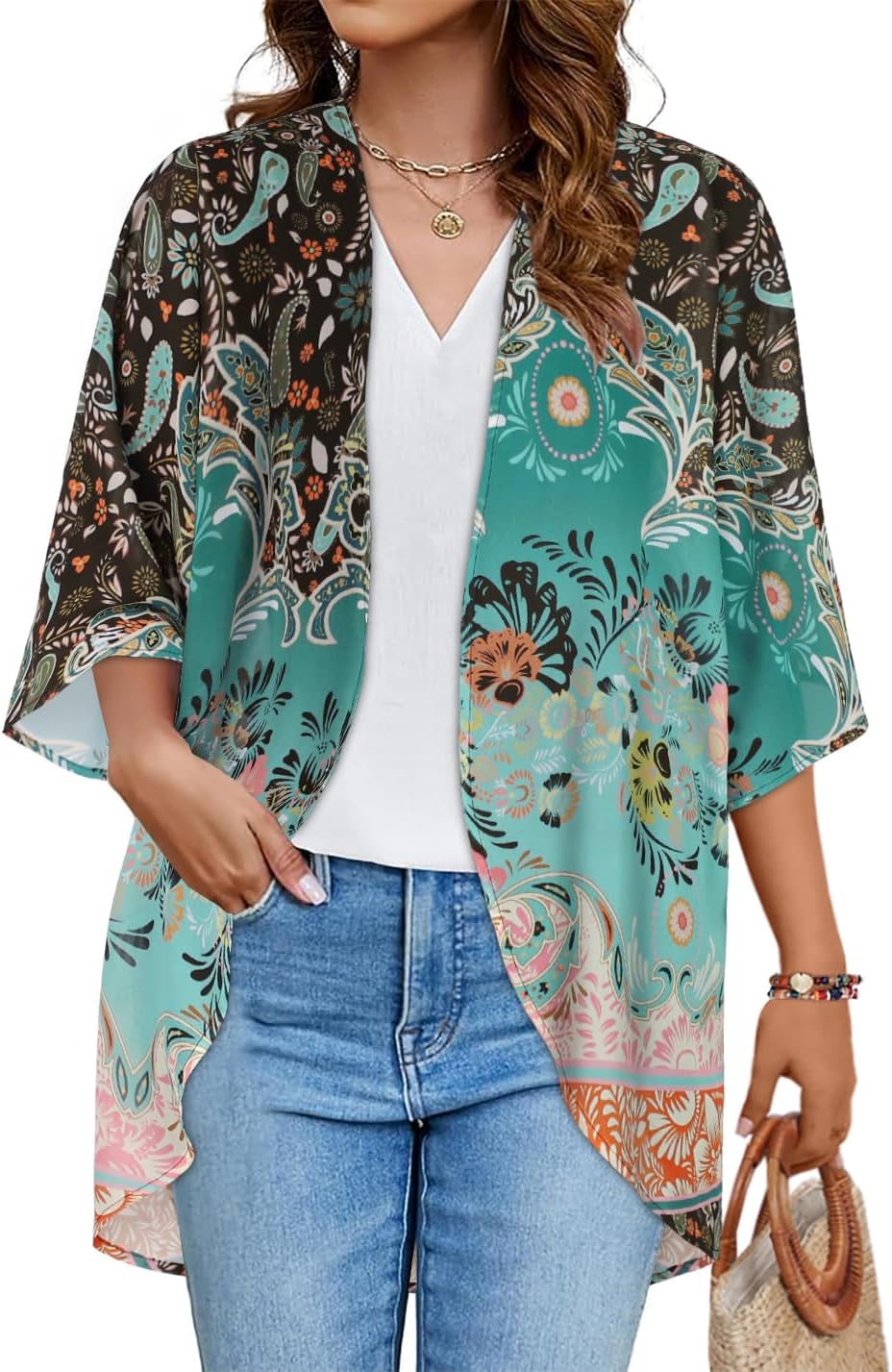 Floral Print Kimono Cardigan Women Puff Sleeve Cover Up Casual Blouse Loose Top