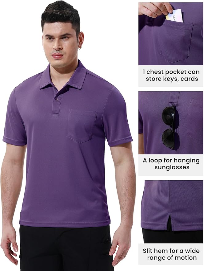 Men's Quick-Dry Golf Polo Shirt with Chest Pocket Short Sleeve