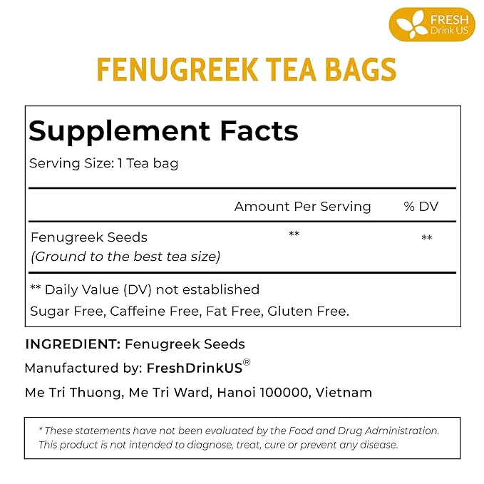 FreshDrinkUS, Premium 30 Fenugreek Tea Bags, 100% Natural & Pure from Fenugreek. Fenugreek Herbal Tea. Made with Natural Material Tea Bags. No Sugar, No Caffeine, No Gluten, Vegan.