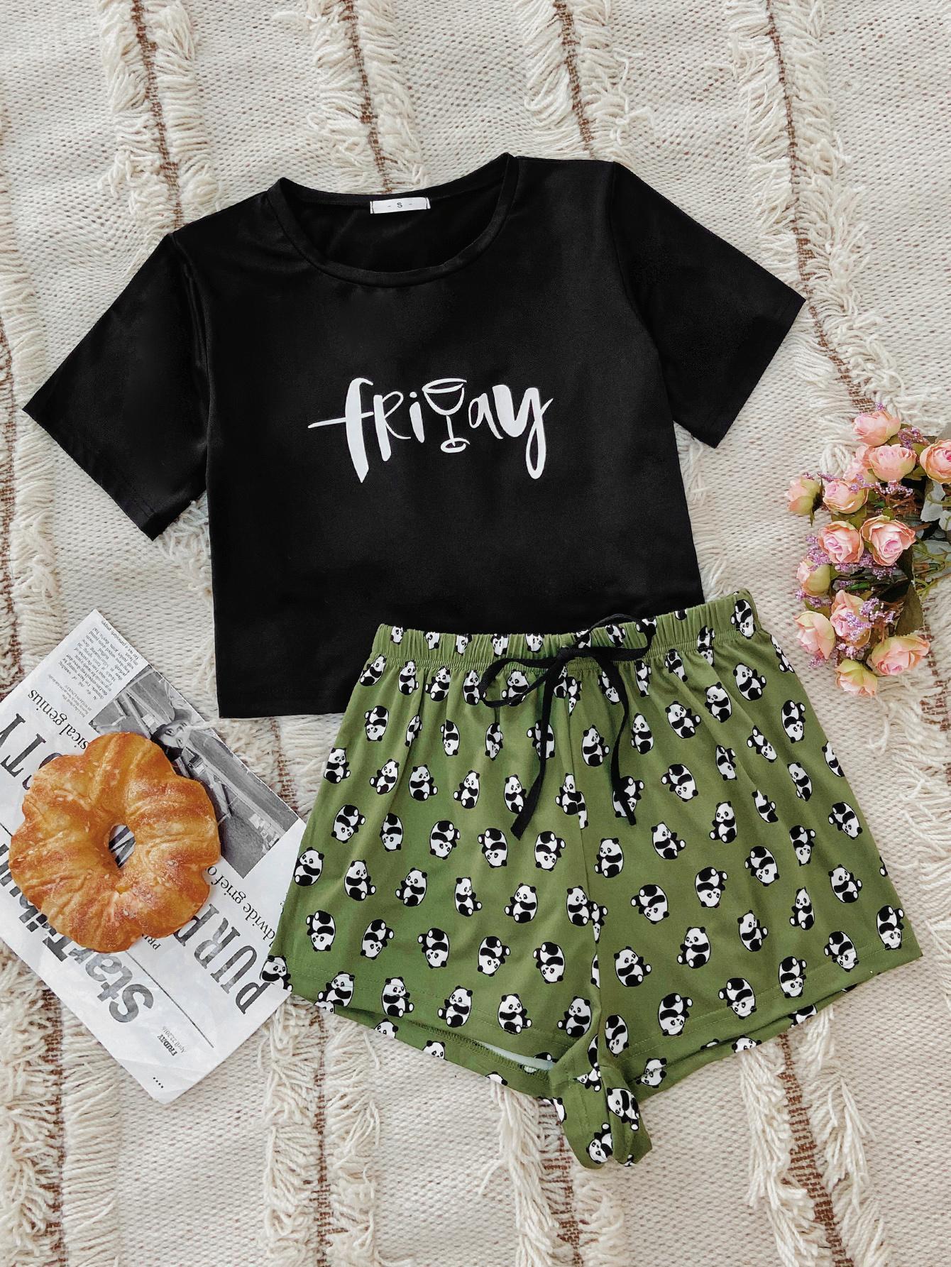 Graphic Tee & Panda Print Shorts Lounge Set - Black