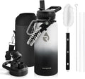 Insulated Water Bottle 32 oz, Triple Wall Vacuum Stainless Steel (Cold for 48 Hrs), Leak Proof & Non-BPA, Modern Water Flask Jug with Paracord Handle & Straw Spout Lids, Ombre: White/Black