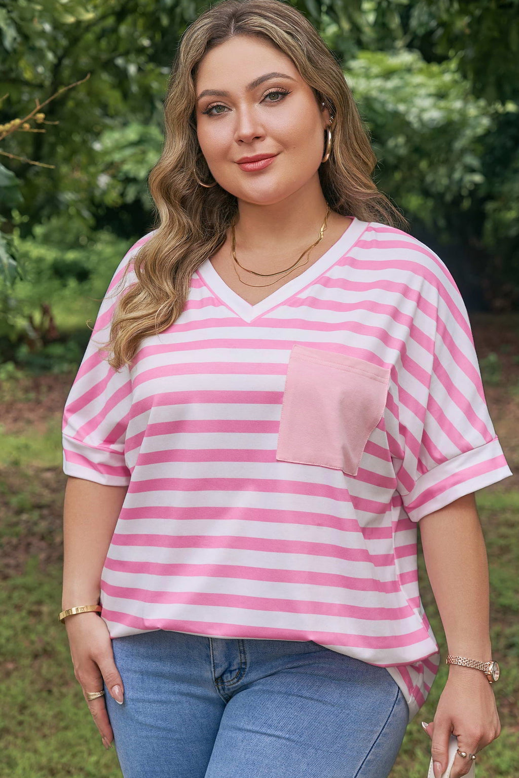 Stripe Colorblock V-Neck Tee with Patched Pocket