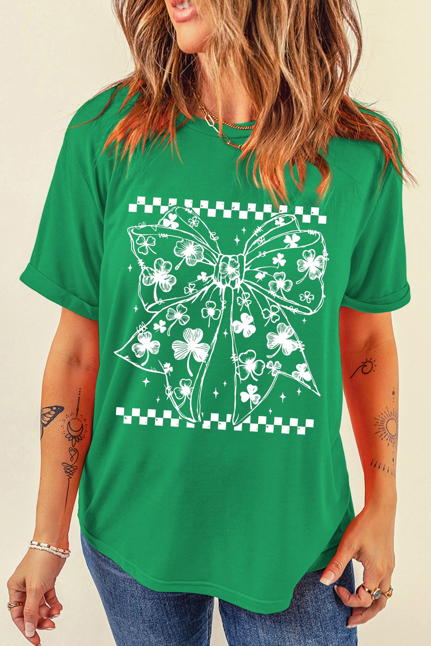 Bright Green Clover Bow Checkered Casual T-Shirt