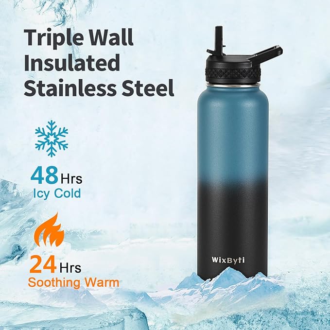 40 oz Insulated Water Bottle with Straw (Cold for 48 Hrs), Stainless Steel Triple Wall Vacuum Sports Water Jug, Leakproof Hydro Cup Flask with Paracord Handle & Straw Spout Lids & DIY Stickers