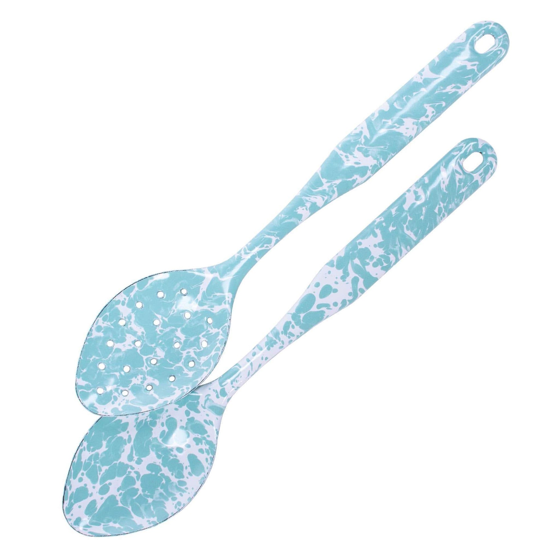 12-inch Sea Glass Swirl enamelware serving spoon and slotted spoon set