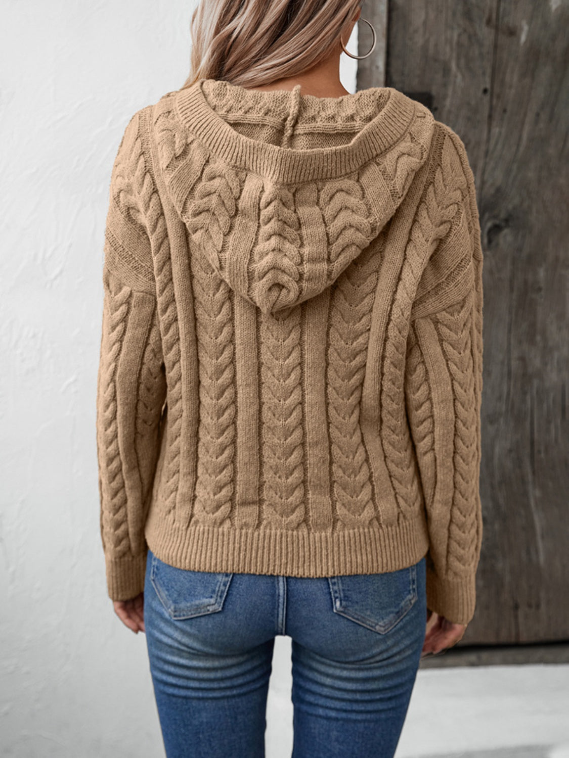 Women's Button-Down Cable-Knit Hooded Sweater in Tan - Image 2