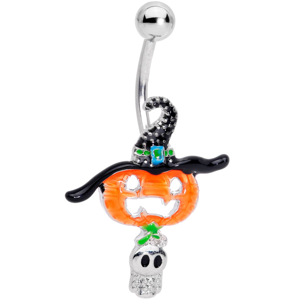 Close up of a Halloween navel ring featuring a pumpkin with a witch hat and a small ghost charm in stainless steel.