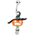 Close up of a Halloween navel ring featuring a pumpkin with a witch hat and a small ghost charm in stainless steel.