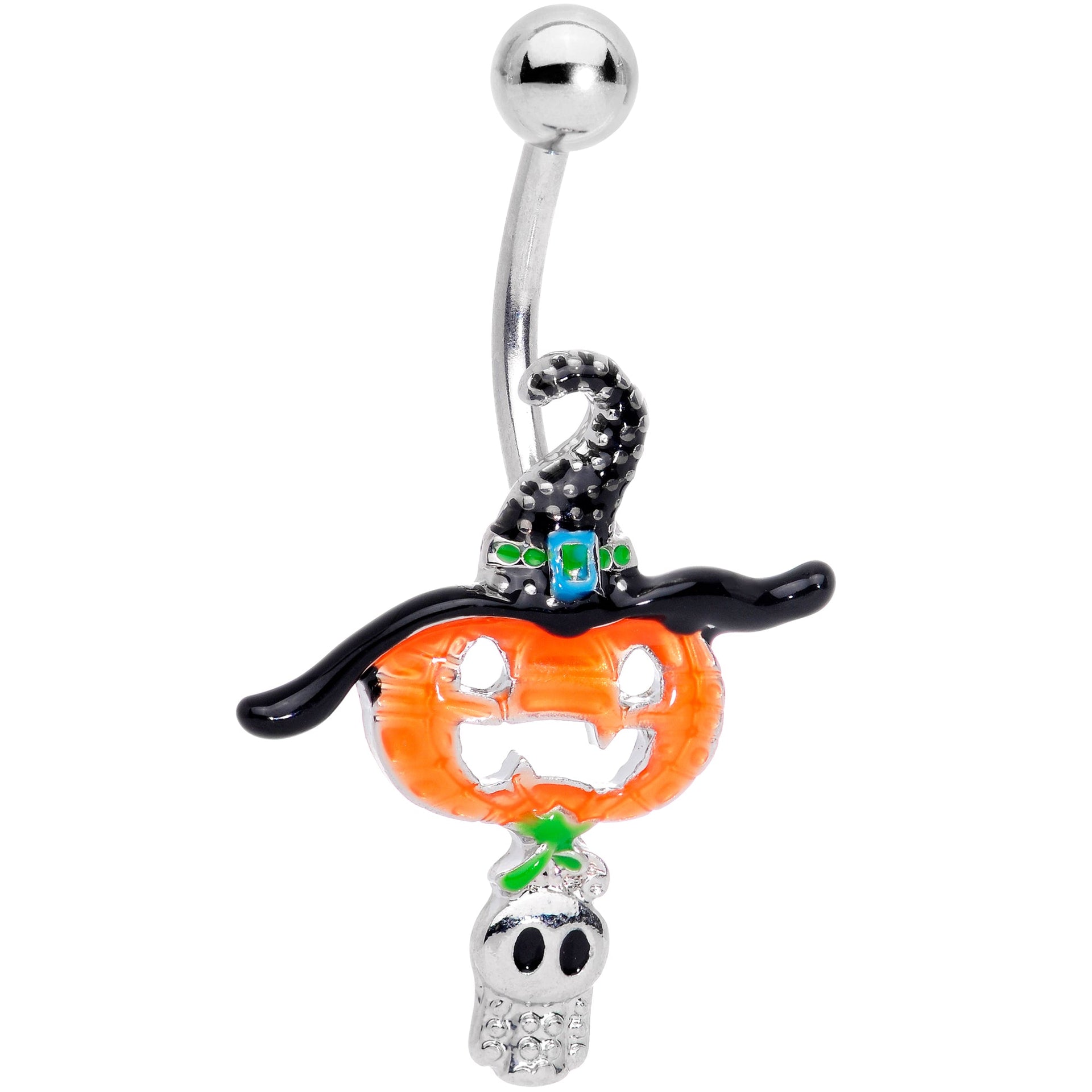 Close up of a Halloween navel ring featuring a pumpkin with a witch hat and a small ghost charm in stainless steel.