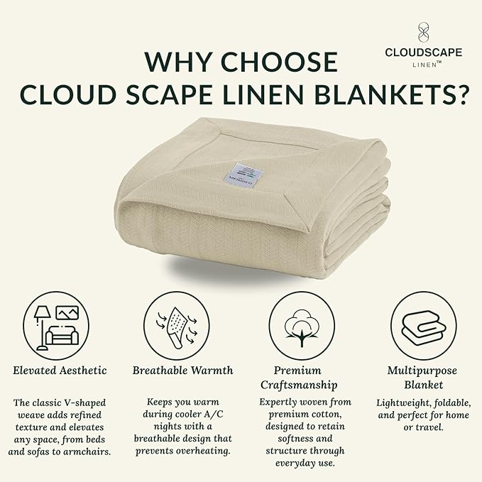 Cloud Scape Linen 100% Cotton Blanket King Size for Bed – Lightweight Summer Blanket, Herringbone Weave,fits California King Size Bed, 92x108,Beige Fog