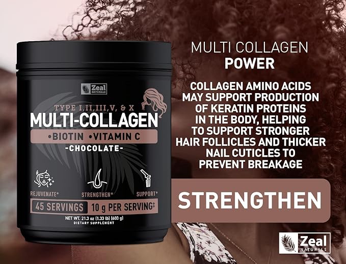 Premium Multi Collagen Peptides Protein Powder (1, 2, 3, 5 & 10) with Vitamin C, Biotin, Hyaluronic Acid, for Hair Skin and Nails - Marine, Bovine, Chicken & Eggshell (Chocolate, 45 Servings)