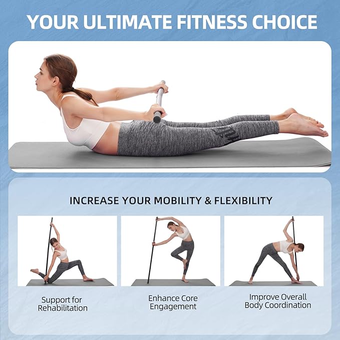 Yoga Stick 5 ft Sturdy Steel, Adjustable Stretching Stick for Mobility, Flexibility and Balance, Versatile Exercise Stick with 4 Steel Rods & Foam Handles for Fitness, Rehabilitation, and Posture