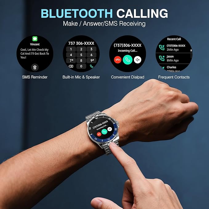 2025 DA GPT Smart Watch for Men, Heart Rate, Blood Pressure, Blood Oxygen, Sleep Monitor, 107 Sports Modes, 1.19-inch AMOLED Display, Waterproof Round Watch, Compatible Android and iOS Silver Blue