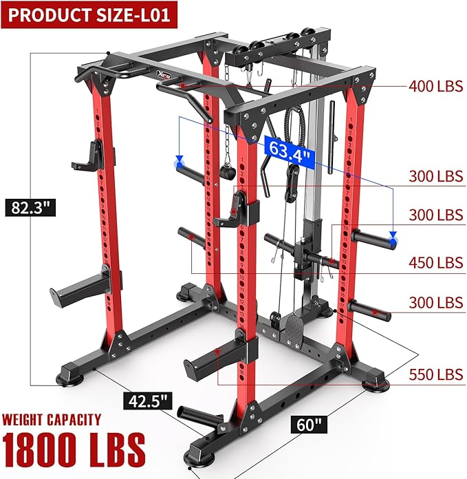 Power Cage Multi-Function Power Rack with Cable Crossover System,1800 LBS Capacity Squat Rack with Weight Bench,for Home Gym