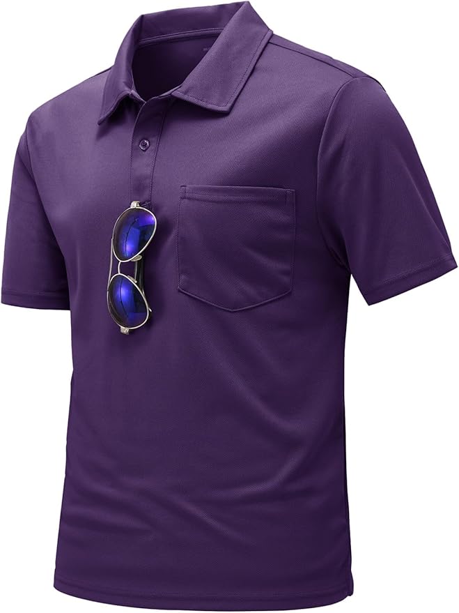 Men's short sleeve quick-dry golf polo with chest pocket and eyewear loop