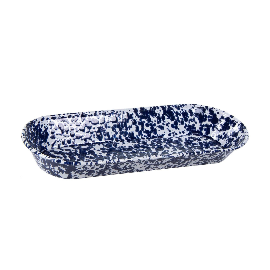 16-inch oval enamelware serving basket with cobalt blue spatterware pattern and stainless steel rim