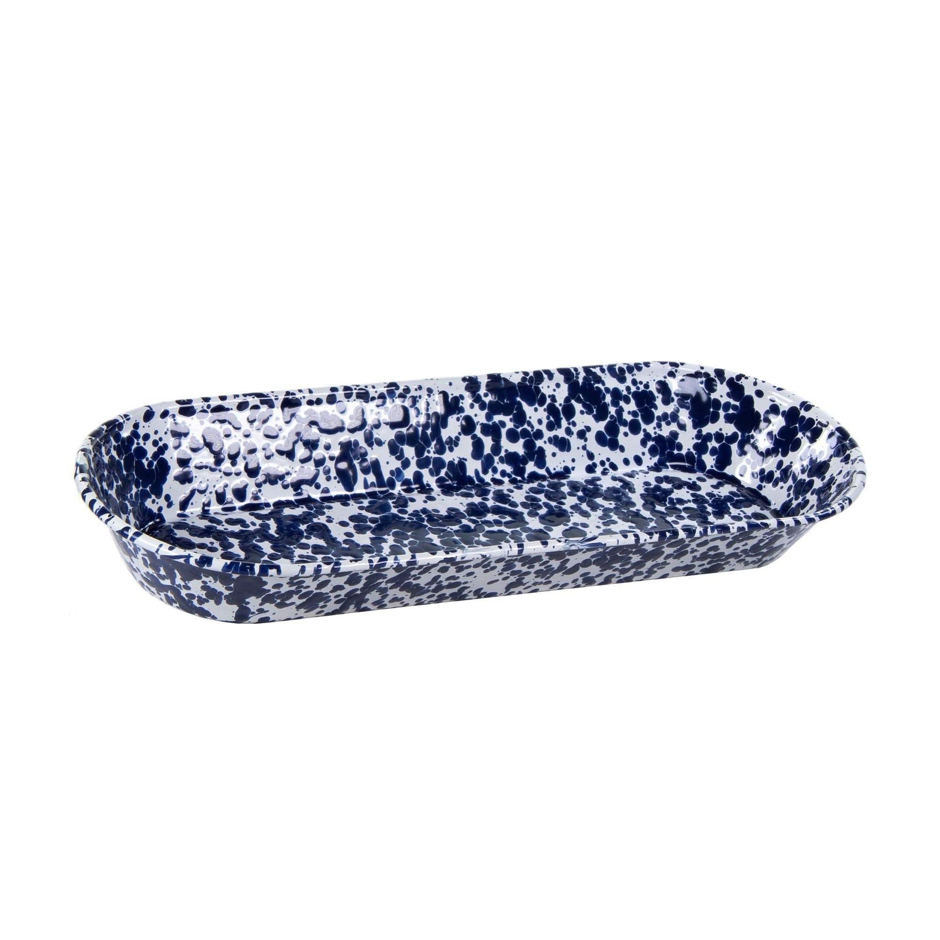 16-inch oval enamelware serving basket with cobalt blue spatterware pattern and stainless steel rim