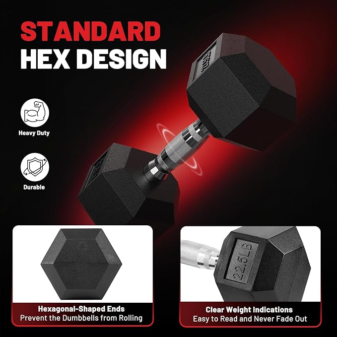 PAPABABE Hex Dumbbell Set, 45-135 lb Rubber Encased Home Gym Dumbbells, Weights Dumbbells Set for Women & Men, Hand Weight with Anti-Slip Grip