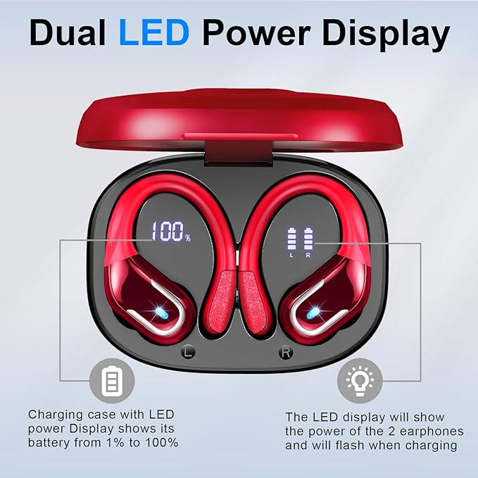 Ltinist Wireless Earbud, Bluetooh 5.4 Headphones Pure Bass Sound with Earhooks, 75H Battery in-Ear Sport Earbud with Dual-LED Display, IP7 Waterproof Earphones Built-in Microphone for Running, Red