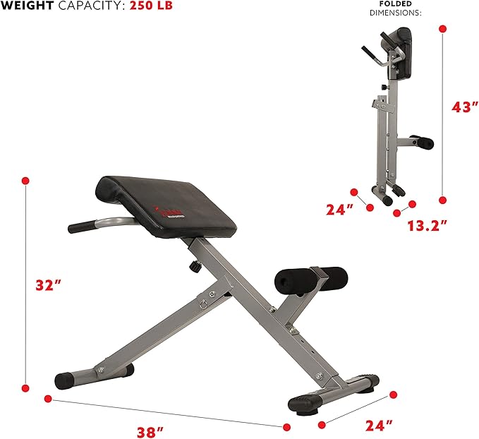 Sunny Health & Fitness Foldable Hyperextension Roman Chair w/Back Extension, Home Gym Sit Up Bench for Glute & Ab Workouts, Optional Adjustment Incline & Multi-Function Heavy-Duty Exercise Equipment