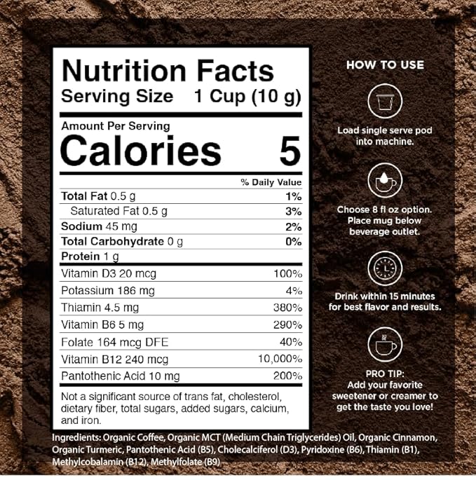 VitaCup Organic Genius Keto Coffee Pods, Increase Energy & Focus w/MCT Oil, Turmeric, B Vitamins, D3, Medium Dark Roast, Bold, Smooth, Single Serve Pod Compatible w/Keurig K-Cup Brewers,64 Ct