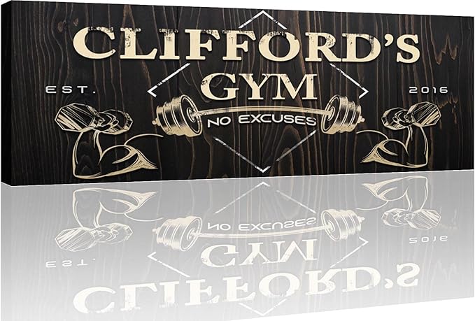 Tailored Canvases Personalized Gym Sign Wall Art Decor - Motivational Canvas for Home Gym, Workout Room, Garage, Fitness Center - Workout Inspirational Posters - Gym Name on Wooden Background, 48x16in