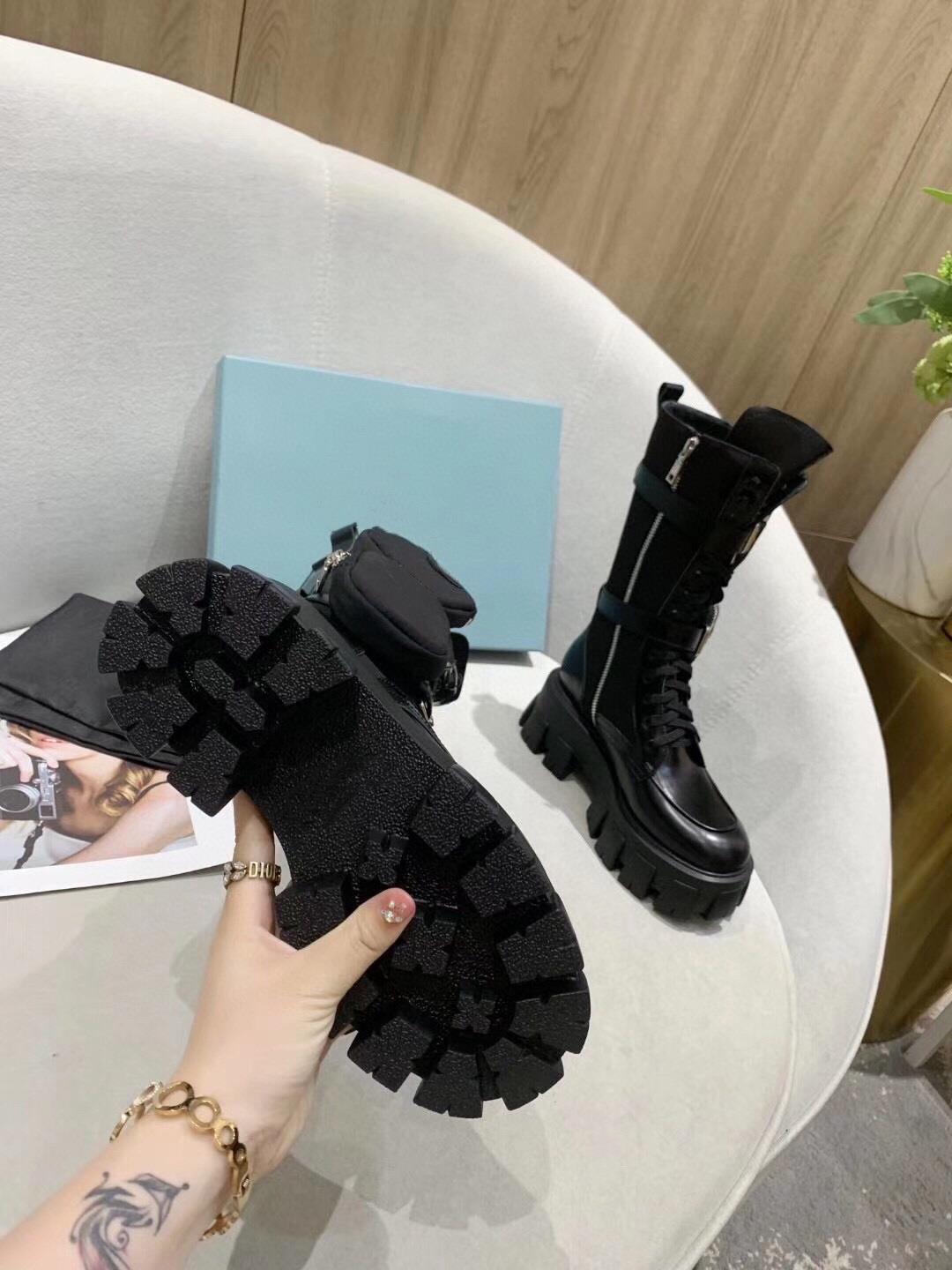 Women's Black Leather Platform Combat Boots with Pouches - Image 2