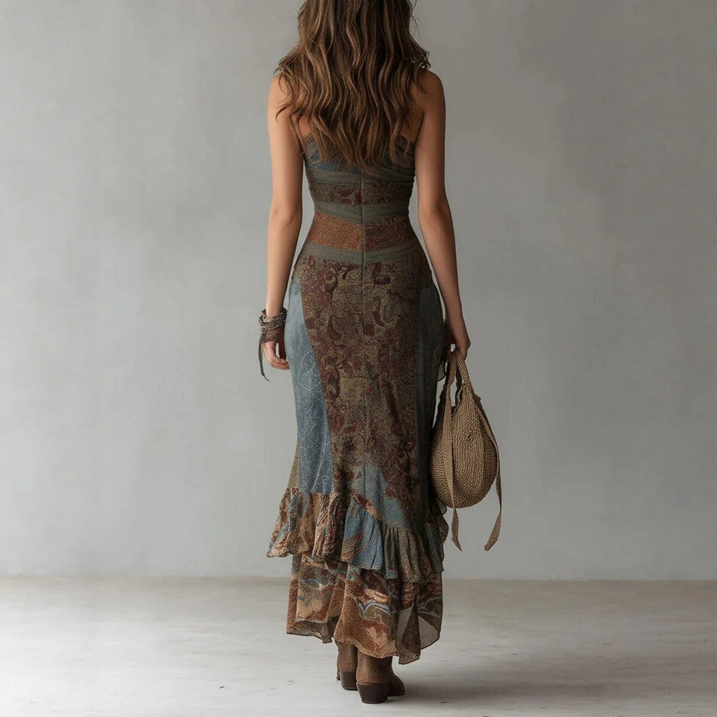 Retro Patchwork Asymmetric Slip Dress Boho High-Slit Maxi