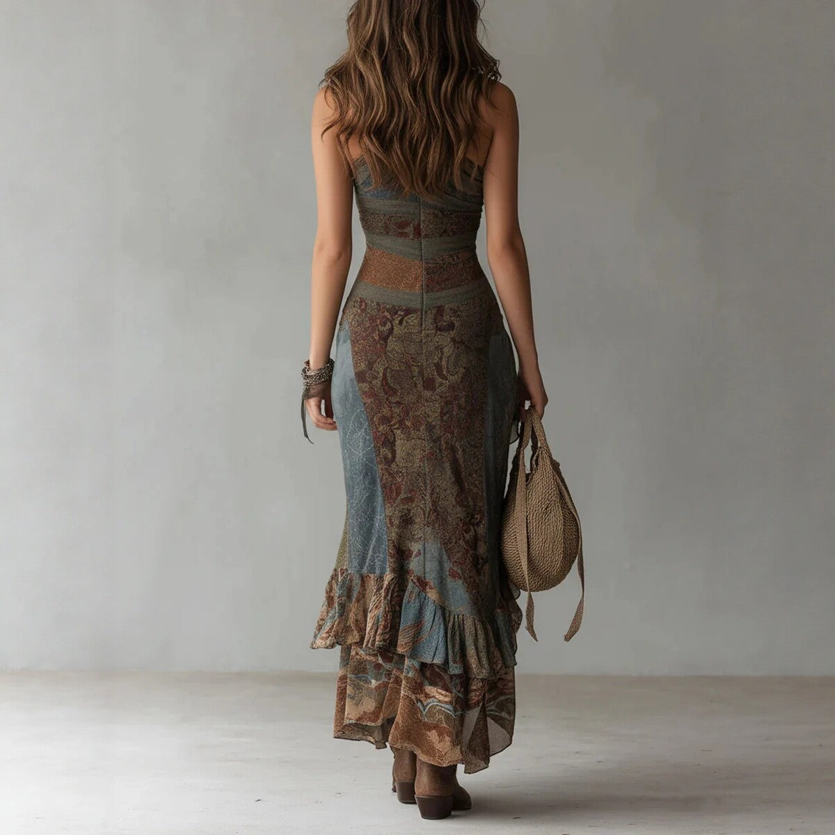 Retro Patchwork Asymmetric Slip Dress Boho High-Slit Maxi