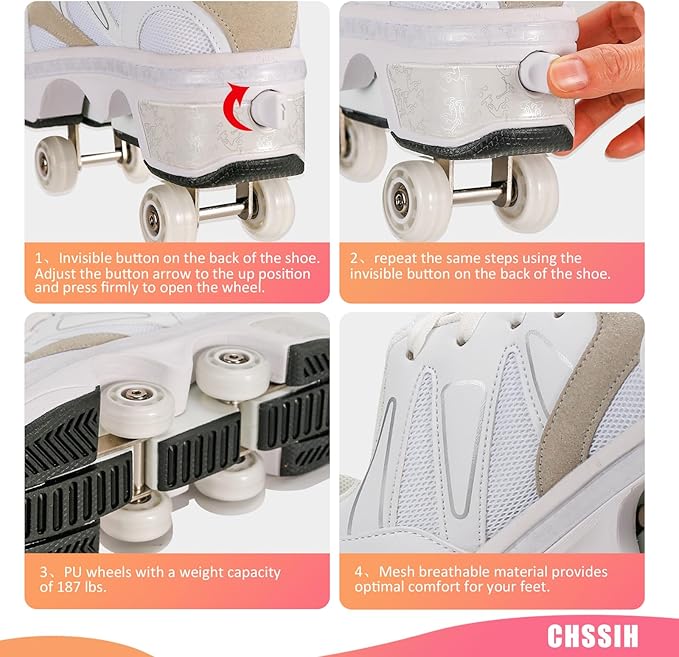 CHSSIH Roller Skate Shoes for Girls, Kids, Women, Men & Adults – Retractable Shoes with Wheels | Pop-Out High Roller Skating Shoes That Turn Into Sneaker Skates