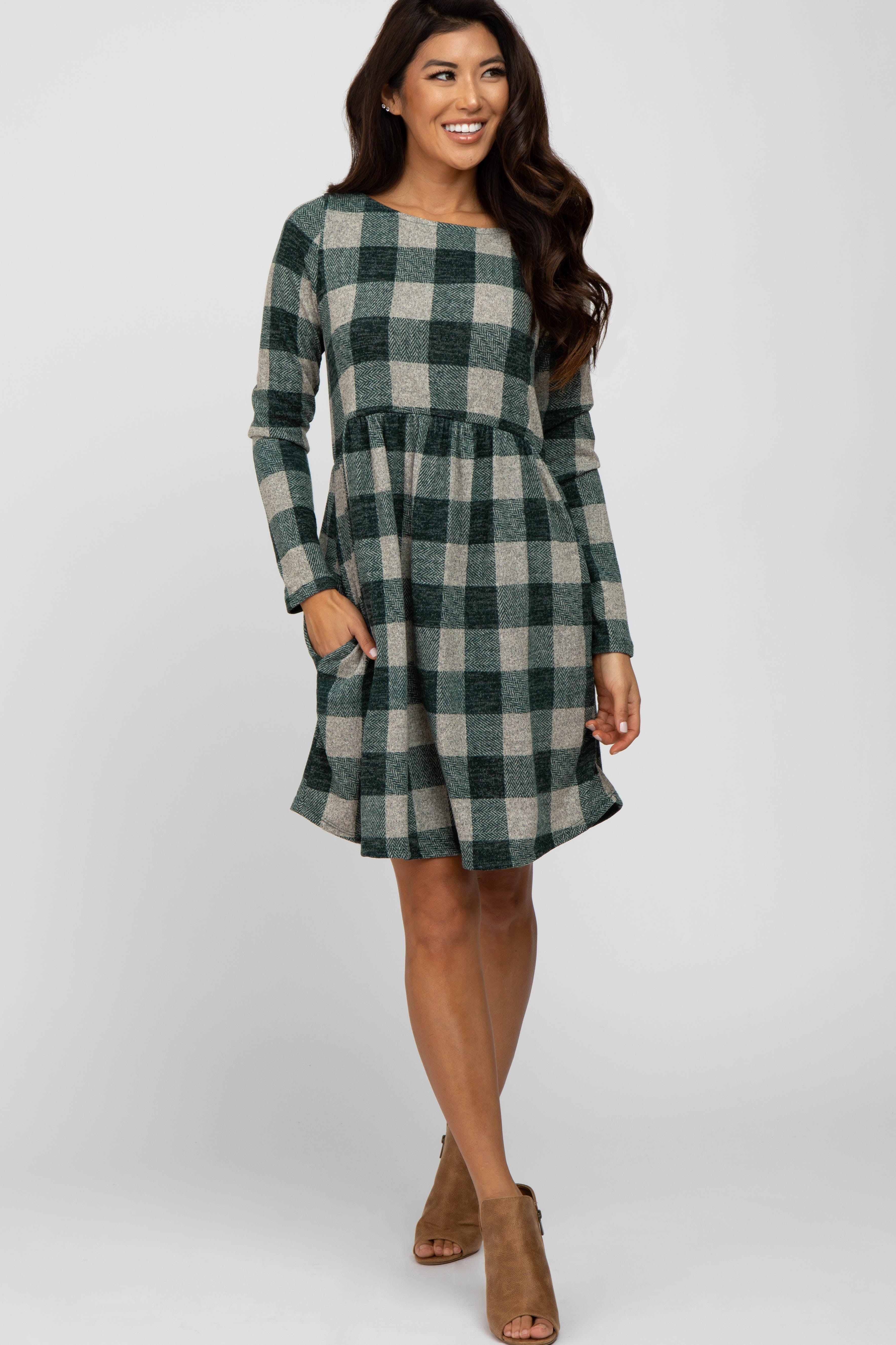 Forest Green Plaid Knit Maternity Dress with Long Sleeves