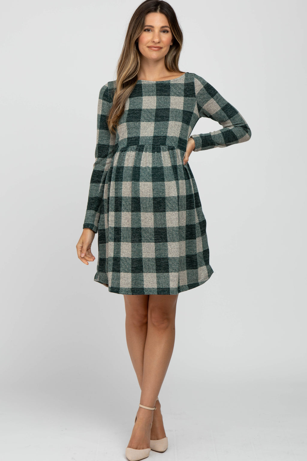 Forest Green Plaid Knit Maternity Dress with Long Sleeves
