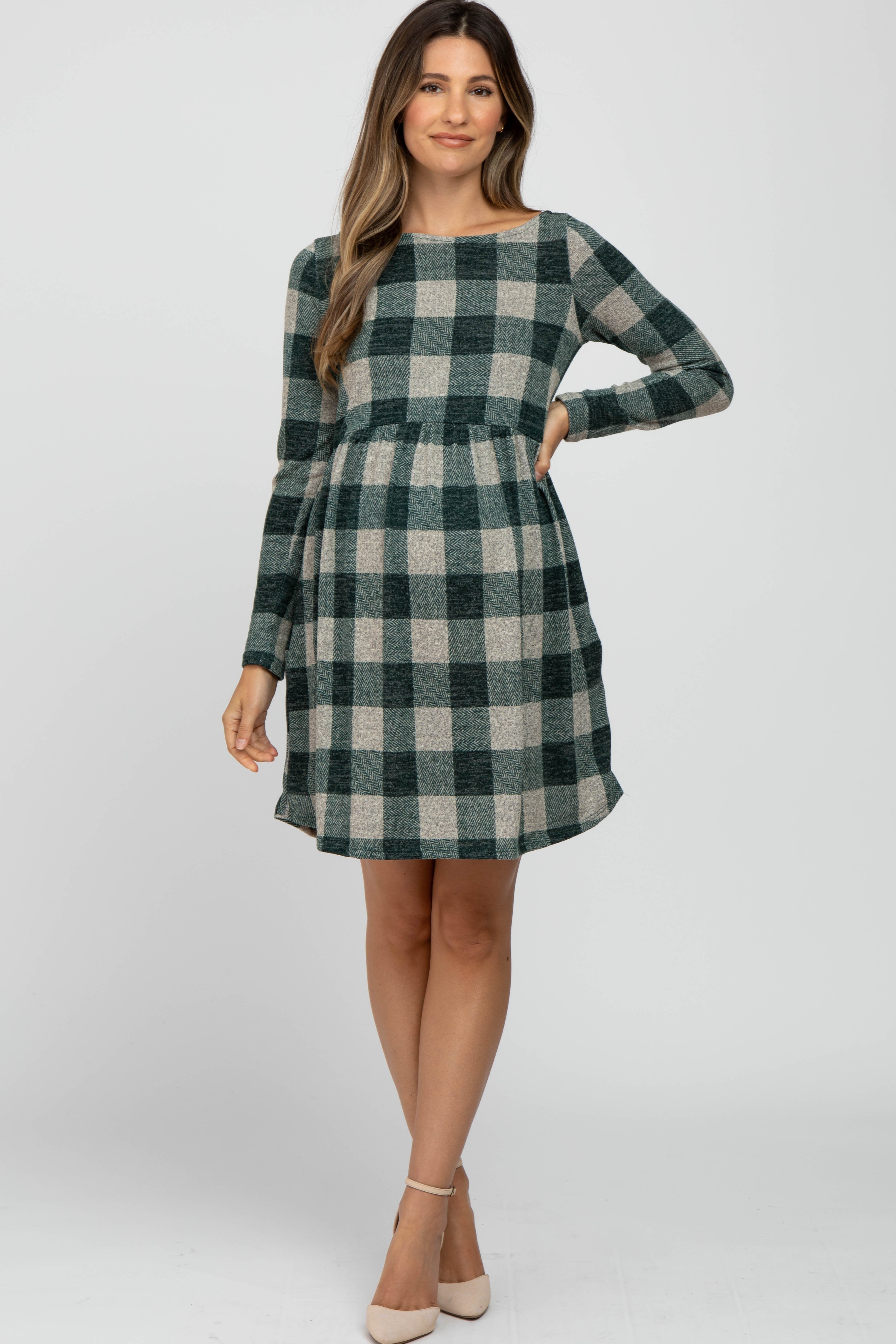 Forest Green Plaid Knit Maternity Dress with Long Sleeves