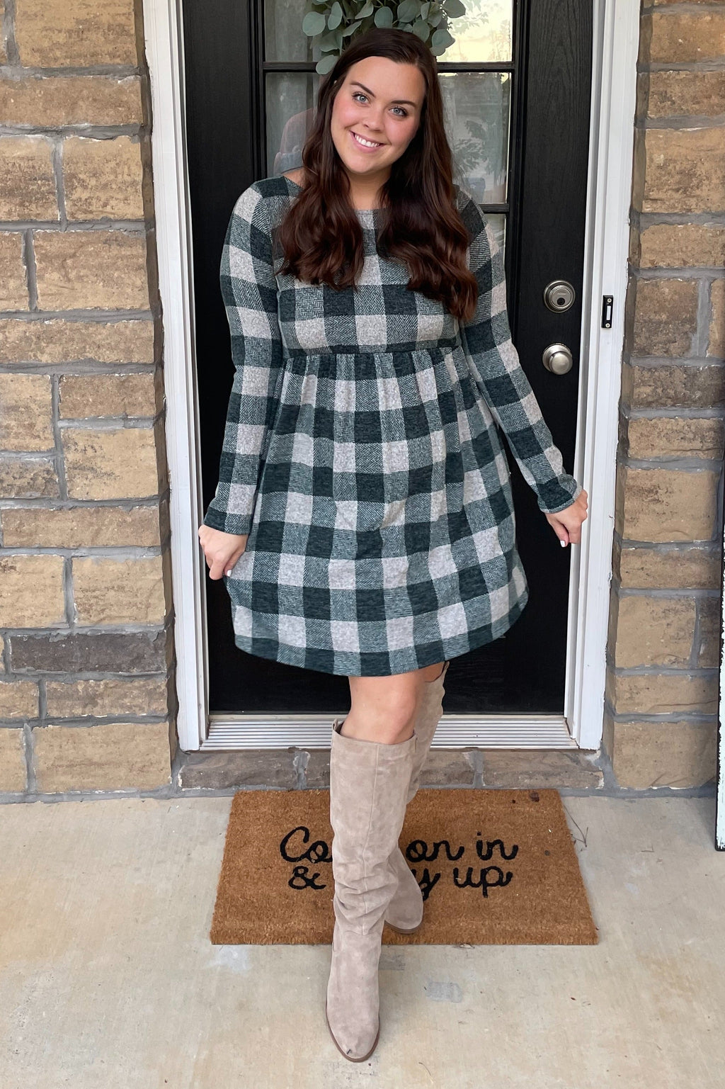 Forest Green Plaid Knit Maternity Dress with Long Sleeves