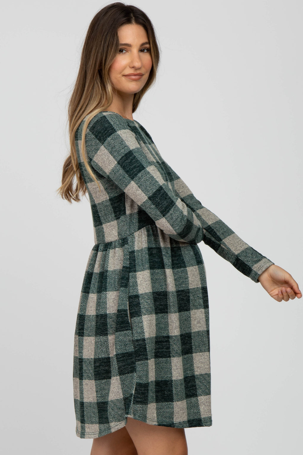 Forest Green Plaid Knit Maternity Dress with Long Sleeves