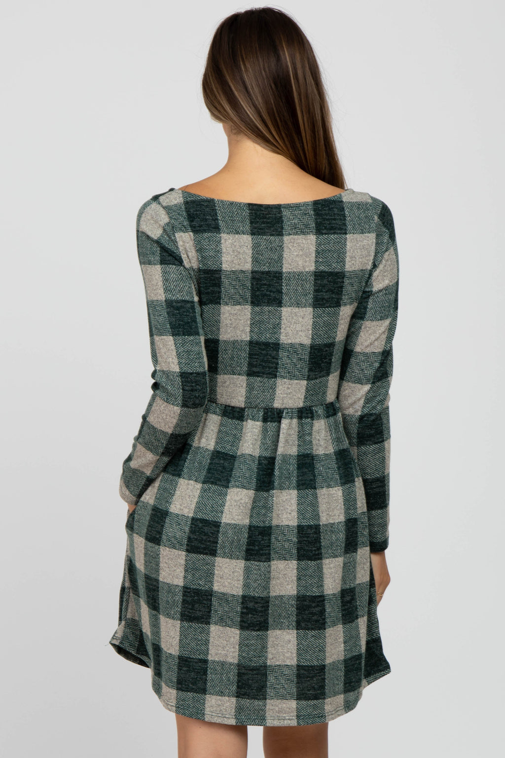 Forest Green Plaid Knit Maternity Dress with Long Sleeves