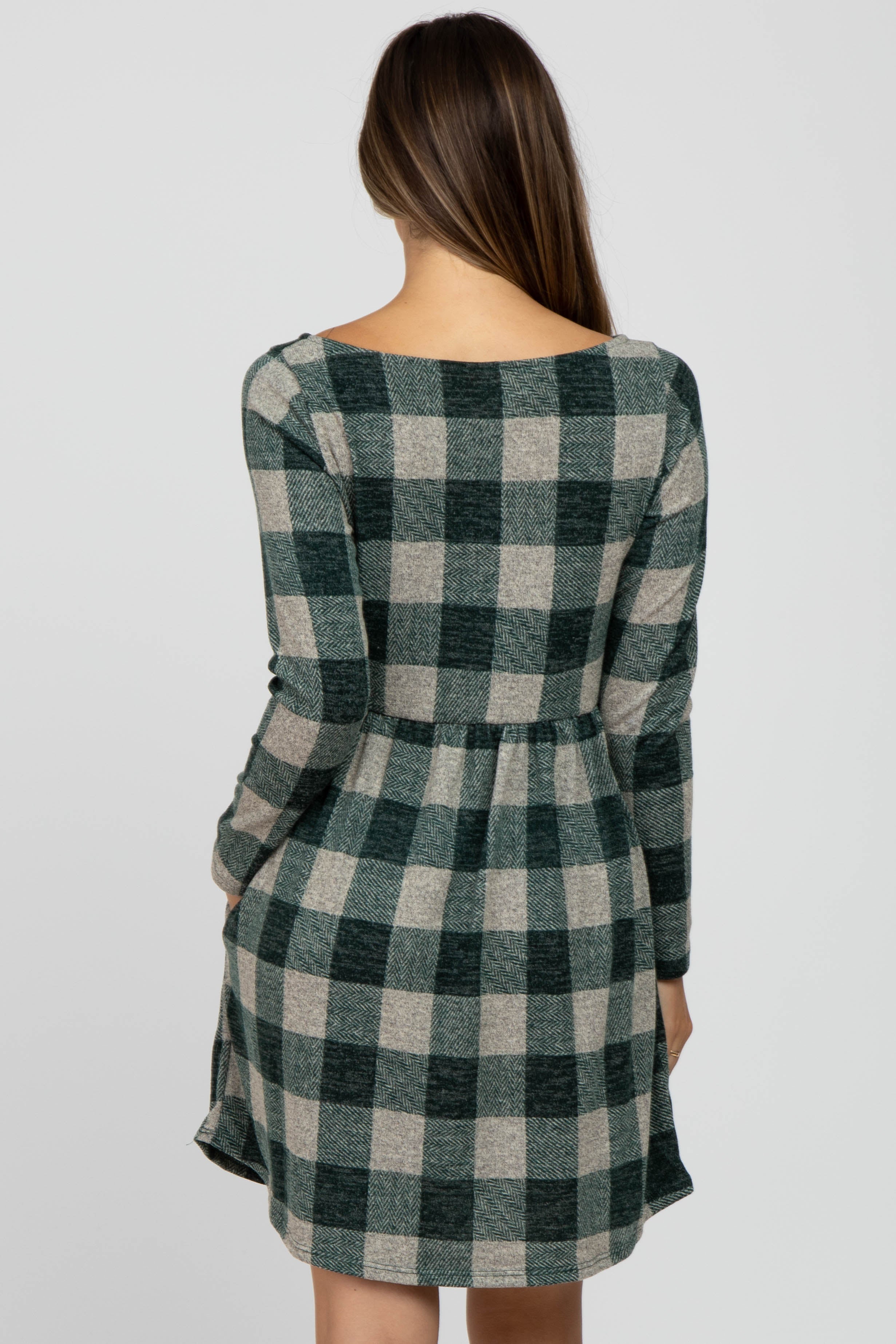 Forest Green Plaid Knit Maternity Dress with Long Sleeves