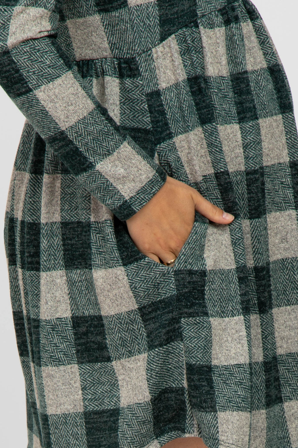 Forest Green Plaid Knit Maternity Dress with Long Sleeves