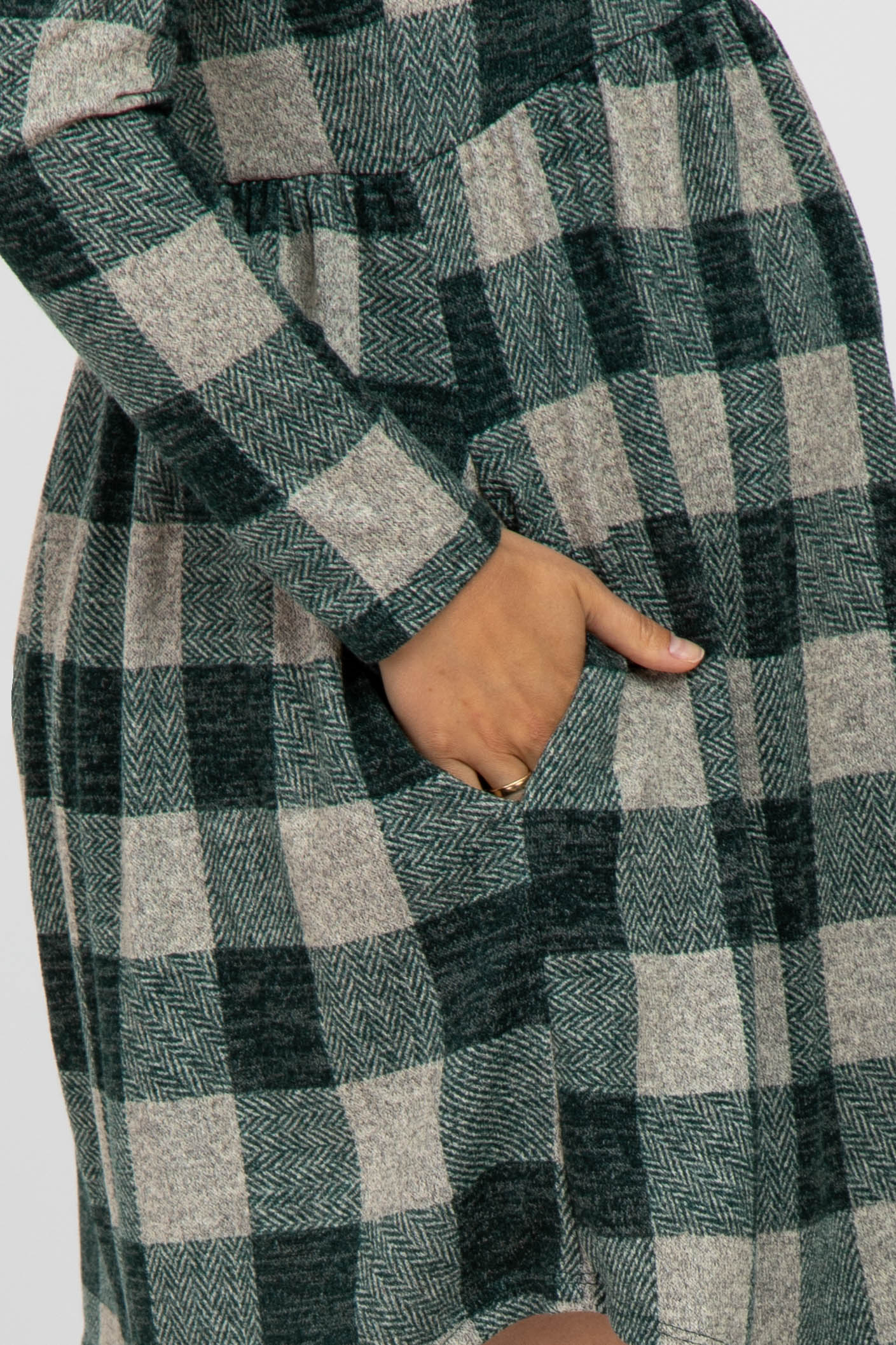 Forest Green Plaid Knit Maternity Dress with Long Sleeves